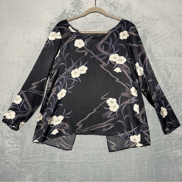 Club Monaco Briley Open-Back Black 100% Silk Floral Print Long Sleeve Blouse #44 - Picture 3 of 16